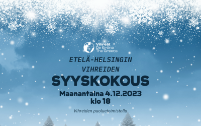 Kutsu Etelä-Helsingin Vihreiden syyskokoukseen ma 4.12.2023 klo 18.00